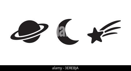 Black Silhouette Vector Set of Saturn, Moon and Shooting Star Stock Vector