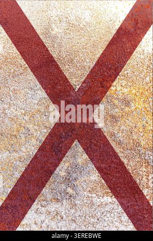 Close-up of a dirty Alabama state flag printed on a weathered metal surface. Grunge patriotic background featuring distressed texture, scratches, rust Stock Photo