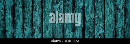 Rough wooden board wide banner teal texture. Old knotty weathered wood backdrop. Dark turquoise color abstract vintage background Stock Photo