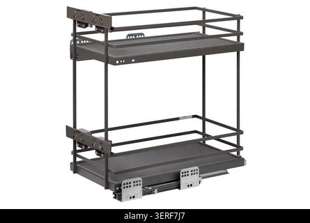 Metal storage rack with two shelves for organizing items in a kitchen or workshop space. Stock Photo