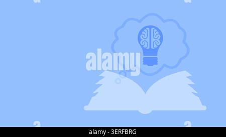 An open book sits on a blue background. Above the book, a light bulb appears, symbolizing creativity and new ideas. The scene represents learning and Stock Photo