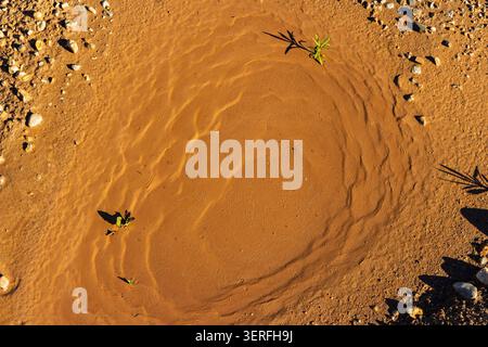 Circular ripples etched into dried mud of a parched puddle creating an abstract geological pattern with orange clay texture and subtle natural motifs Stock Photo