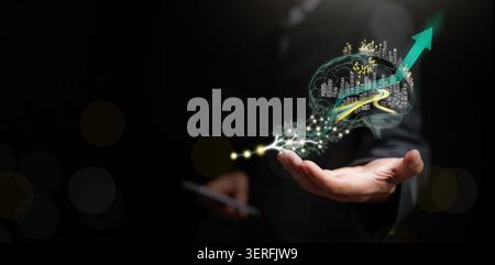 Businessman holding AI brain with smart city, digital neural network connections and upward growth arrow. Technology growth, artificial intelligence, Stock Photo