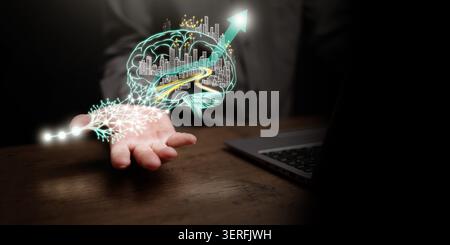 Businessman holding AI brain with smart city, digital neural network, and upward growth arrow. Technology growth, artificial intelligence, innovation, Stock Photo