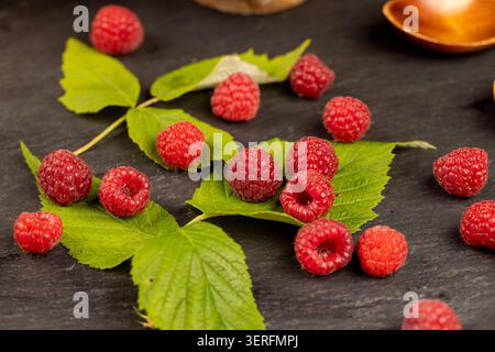 Red raspberries on green leaves, ripe raspberries lying on a dark stone surface with leaves of raspberry bushes Stock Photo