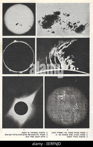Multiple black and white astronomical illustrations presenting various solar activities including sunspots, solar flares, prominences, and different phases of a total solar eclipse Stock Photo