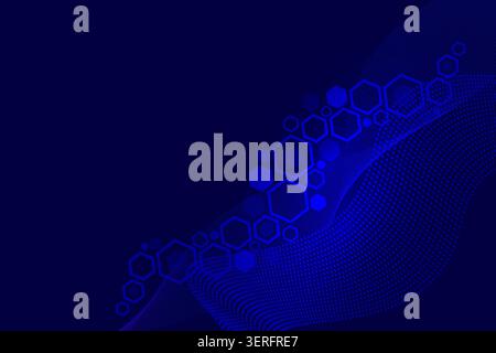 Modern technology background featuring interconnected hexagonal shapes combined with a flowing digital particle wave on a deep blue backdrop. Stock Vector