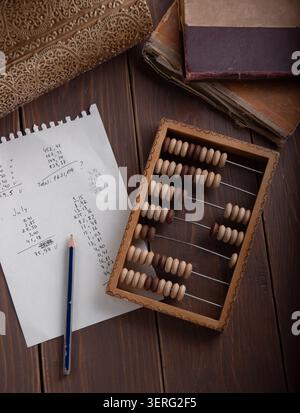Retro accounting concept with vintage abacus, financial paper notes, pencil and old books on a rustic dark wooden table background. Stock Photo