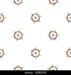 Watercolor nautical seamless pattern with vintage wooden steering wheel helm elements. Isolated hand drawn watercolor illustration for creative marine Stock Photo