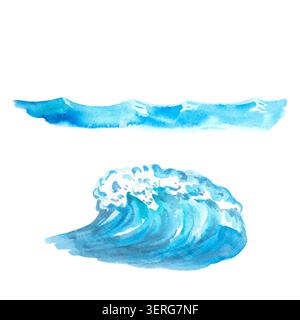 Blue ocean sea water wave set with foam splash and ripple ripple line. Isolated hand drawn watercolor illustration elements. Detailed brush stroke dra Stock Photo