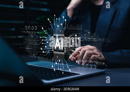 Artificial intelligence AI chip processor technology concept. machine learning data circuit network, prompt engineering, agentic AI, analyzes Stock Photo