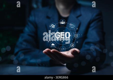 GEO generative engine optimization and AI search marketing ranking strategy concept. icon for AI search strategy, content visibility digital marketing Stock Photo