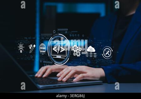 Web development and web design concept. internet programming architecture, coding interface, website creation, UI UX design, frontend, backend develop Stock Photo