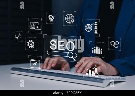 SEO search engine optimization and digital marketing strategy concept. featuring icons of search bar, ranking data traffic, website analytics, online Stock Photo