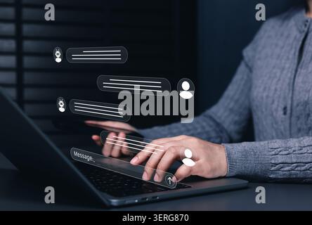 AI chatbot customer service automation and digital messaging support network concept. Woman using laptop, featuring icons of message chat windows Stock Photo
