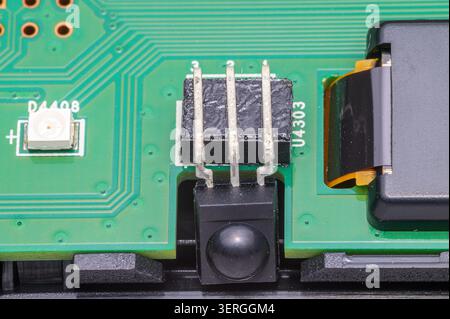 Close up of printed circuit board with LED and electronic components. Stock Photo