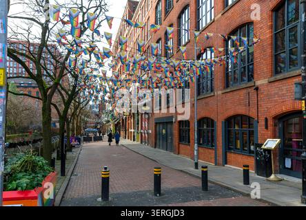 Canal Street with Pride bunting flags., Manchester, England, UK.  Manchester's Gay Village. Stock Photo