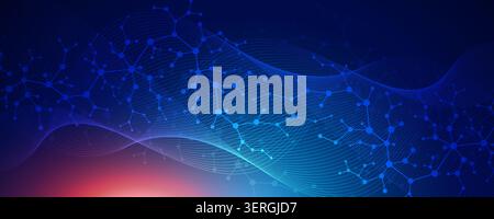 Futuristic technology background featuring an interconnected network of nodes and links flowing across a dynamic digital wave mesh. Stock Vector