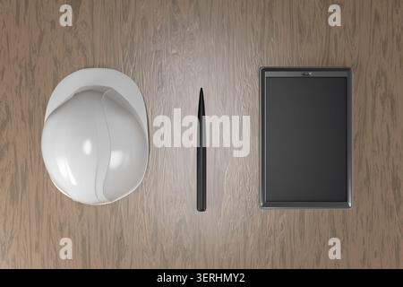 Modern construction and engineering 3D render concept. White safety hard hat with a digital tablet and pen on a wooden floor backdrop. Top view with c Stock Photo