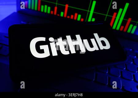 GitHub Inc Software Development Platform Version Control Hosting Company Logo Displayed On Mobile Phone Screen With Stock Market Chart Background Stock Photo