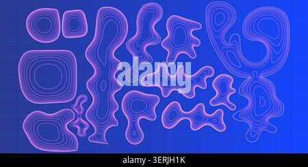 Abstract topographic contour line patterns with glowing pink shapes on blue grid background Stock Vector