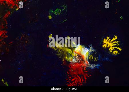 Dark abstract composition featuring glowing yellow and red organic shapes emerging from a deep black background. Suitable for futuristic designs, crea Stock Photo