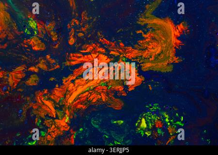 Vibrant abstract fluid art featuring dramatic orange and blue swirling shapes, creating a dynamic cosmic-inspired composition. Ideal for creative back Stock Photo