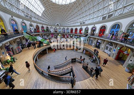 Wide panorama of the interior of Leeds Corn Exchange in Leeds, West Yorkshire, England, UK. Stock Photo