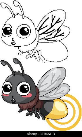 A cute firefly illustration with a black and white line art version for coloring Stock Vector