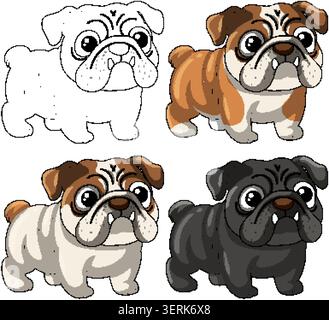 Four cartoon bulldog characters in various colors including white, brown, and black line art styles Stock Vector