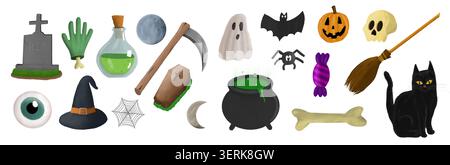 Big set of isolated Halloween clipart elements including black cat pumpkin ghost and witch items Stock Photo