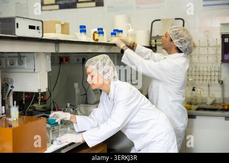 Team of chemists working in research laboratory performing experiments on lab equipment Stock Photo