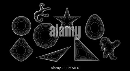 Abstract geometric and organic shapes with concentric white lines on a black background Stock Vector