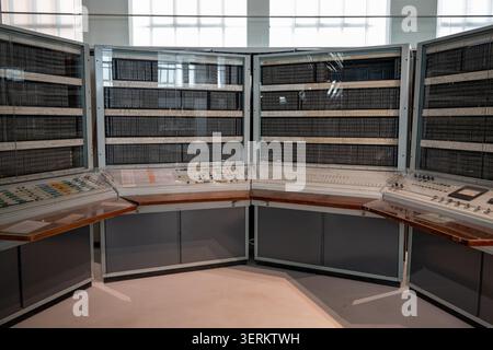 London, UK - 16 Mar 25: Historic computer control console with panels and indicator switches displayed at the Science Museum in London, England, Unite Stock Photo