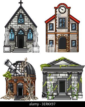 Detailed vector illustration of four abandoned historic buildings with ivy, statues, telescope, and weathering Stock Vector
