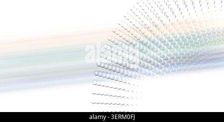 An abstract digital art background featuring a series of curved lines composed of small, spherical shapes with a soft, multi-colored gradient effect. Stock Photo