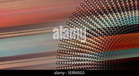 Abstract background featuring a pattern of curved rows of spheres with vibrant, multi-colored gradients, creating a sense of movement and depth. Stock Photo