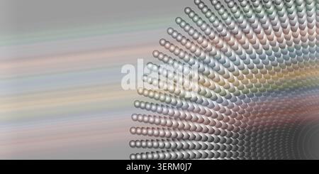 An abstract digital art composition featuring a radial spiral pattern of metallic spheres against a soft, gradient-colored background with motion blur Stock Photo