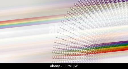 An abstract artistic image showing a radial grid of spheres being traversed by vibrant, colorful rainbow light rays against a light background. Stock Photo