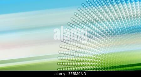 An abstract digital art composition featuring a curved, radiating pattern of spheres transitioning from blue to green against a light background. Stock Photo