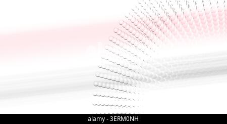 An abstract digital art composition featuring a curved, radiating pattern of white spheres against a clean white background with soft pink light strea Stock Photo