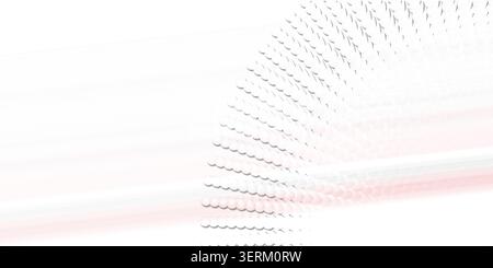A minimalist digital background featuring a radial array of white spherical particles accented by soft, flowing red light streaks, isolated on white b Stock Photo