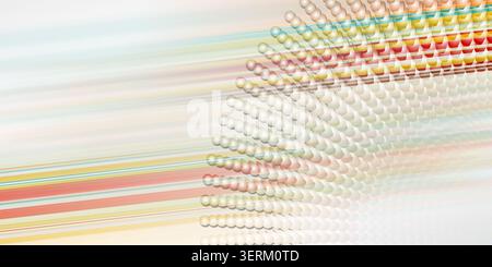 An abstract digital art composition featuring a curved, radiating pattern of spheres with colorful horizontal light streaks across the background. Stock Photo