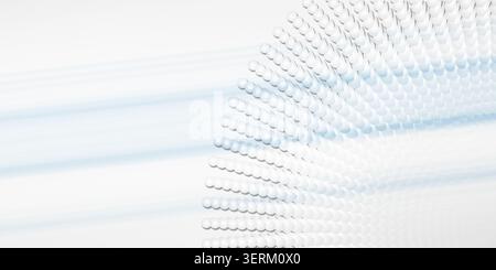 A digital art composition featuring a curved, radial pattern of white spheres against a clean white background, accented by soft, blue-toned light str Stock Photo