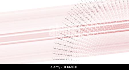 A digital art composition featuring a curved, fan-like arrangement of spheres against a soft, light pink motion-blurred background. Stock Photo