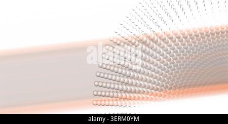 Abstract composition showing a curved grid of spheres with soft, flowing orange light trails sweeping across the frame. Stock Photo