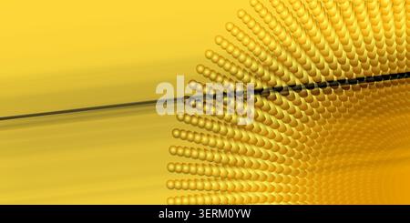 A high-contrast abstract image showing a dense radial pattern of golden spheres, bisected by a thin, dark horizontal line against a solid yellow backg Stock Photo