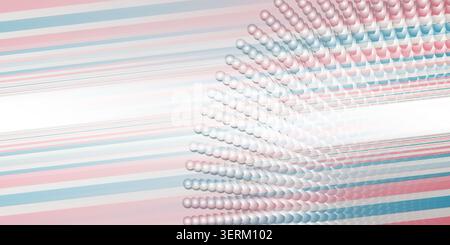 An abstract digital background with a radial pattern of spheres fading into blurred motion lines, featuring a soft pink and blue color palette. Stock Photo