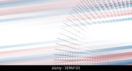 An abstract digital art background featuring a radial arrangement of spheres transitioning into blurred motion lines in soft pink and blue pastel tone Stock Photo
