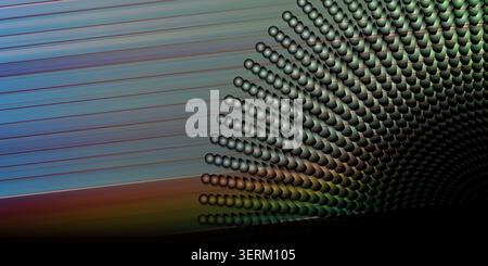 An abstract composition featuring a curved array of spheres against a background of horizontal motion blur lines with dark and colorful gradients. Stock Photo